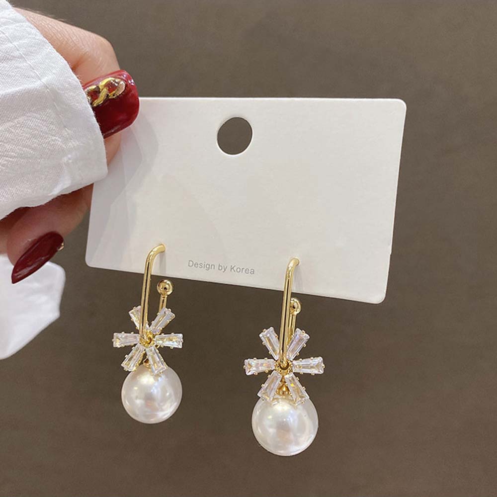 Khuyên Tai Hình Chữ C Đính Đá Zircon / Ngọc Trai Đơn Giản Thời Trang Hàn Quốc