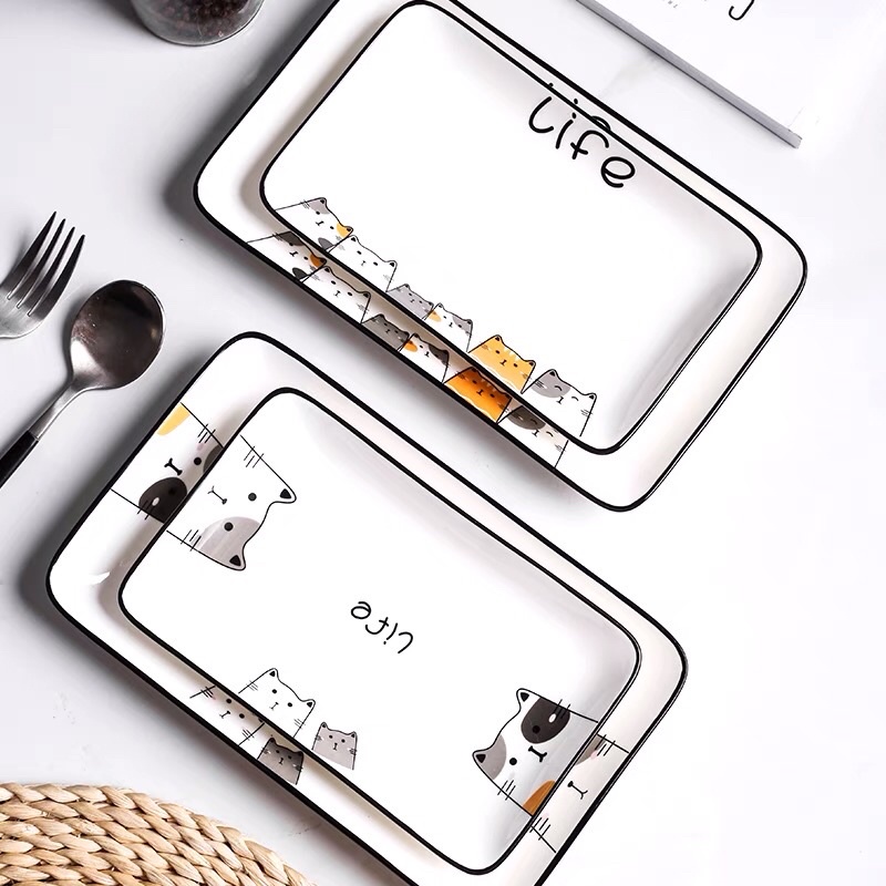Đĩa sứ hình mèo chữ nhật dễ thương, đĩa sứ cao cấp