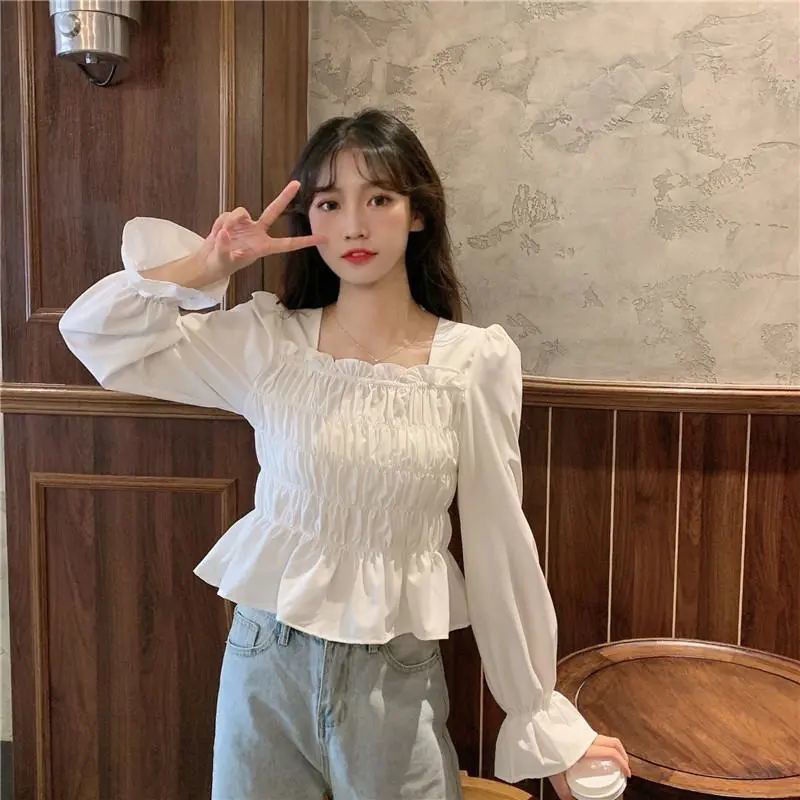 COZOK Áo Sơ Mi Dài Tay Cổ Vuông Lưng Cao Xinh Xắn Dành Cho Nữ