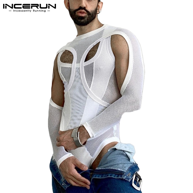 Jumpsuit INCERUN kiểu lưới xuyên thấu tay dài cho nam