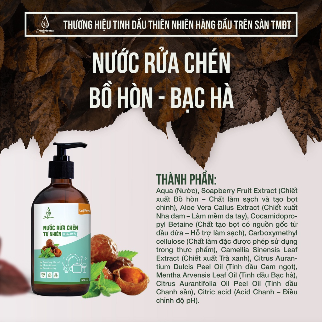 Nước rửa chén hữu cơ chiết xuất Bồ Hòn và tinh dầu thiên nhiên JULYHOUSE khử mùi tanh, an toàn, không hại da tay
