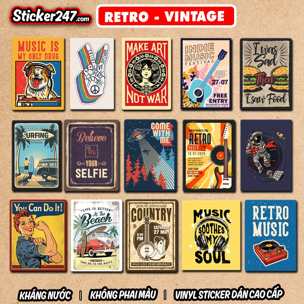 Sticker Vintage Retro 🌈𝑭𝒓𝒆𝒆𝒔𝒉𝒊𝒑 chống nước, sticker dán laptop, ipad, điện thoại, đàn guitar, mũ bảo hiểm,vali, loai 1