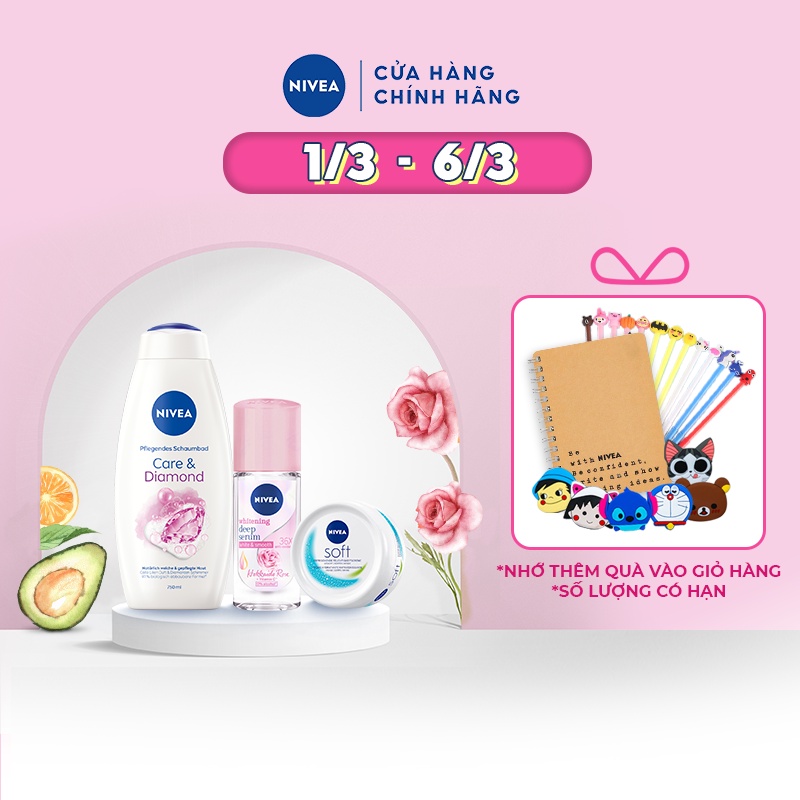 Bộ sữa tắm Diamond dưỡng ẩm và ngăn mùi NIVEA: Sữa tắm NIVEA 750ML, Lăn ngăn mùi Hokkaido 40ML &amp; Kem dưỡng ẩm 50ML