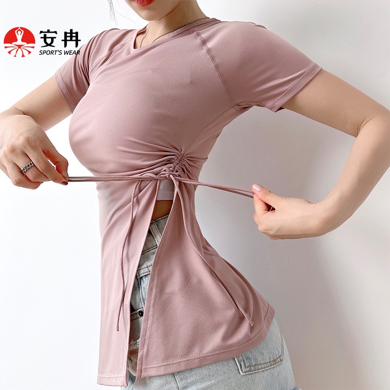 Áo thun thể thao ANRAN tay ngắn dáng rộng phối khóa kéo chất liệu nhanh khô thời trang dành cho nữ