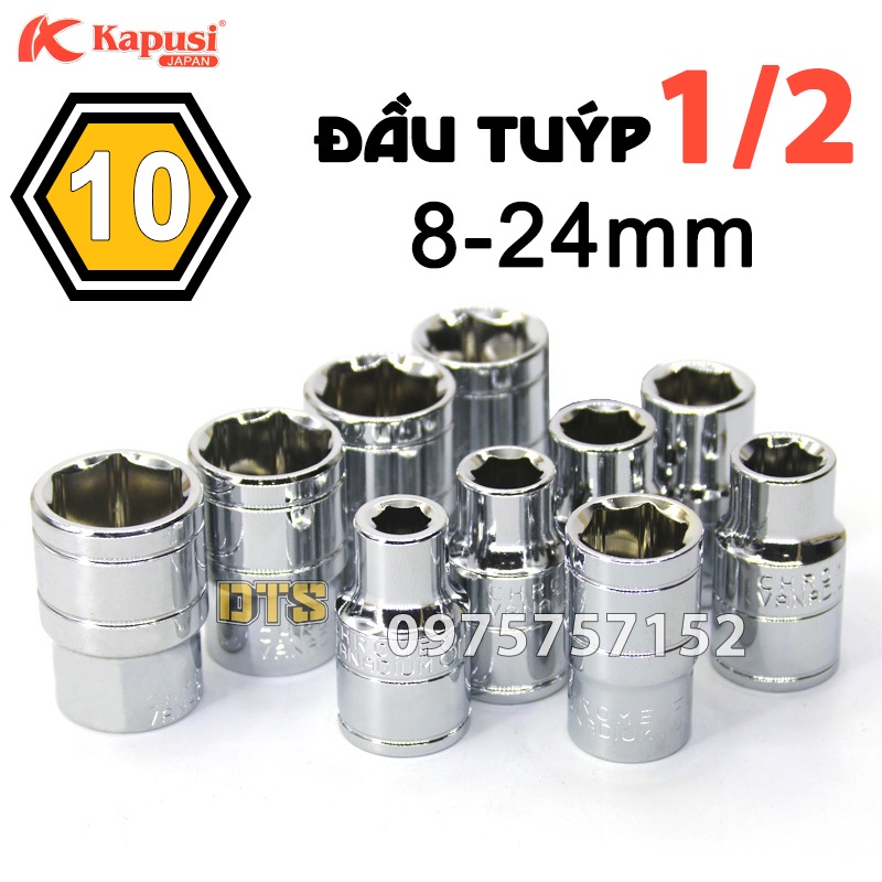 Bộ 10 đầu khẩu ngắn 8-24mm 6 cạnh 1/2 Inch cao cấp HARDEN, KAPUSI thép Nhật CR-V cứng 60HRC, đầu tuýp 1/2 chuyên nghiệp