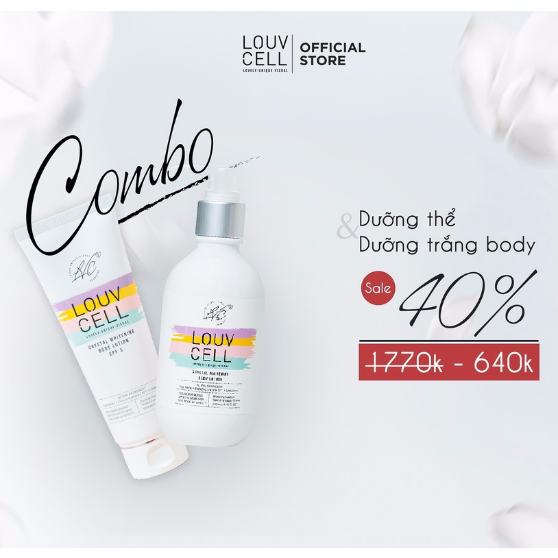 Combo Kem Dưỡng Thể Trắng Da - LOUVCELL CRYSTAL WHITENING BODY LOTION 250ml+120ml Tặng 7 mặt nạ Louv Cell