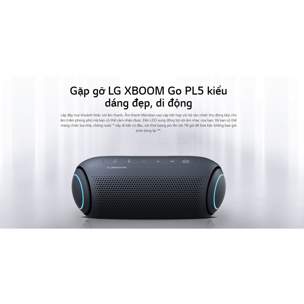 Loa Bluetooth LG XBOOMGo PL5 l Công suất 20W l Công nghệ Meridian l Chống nước IPX5 l Pin 18h l HÀNG CHÍNH HÃNG