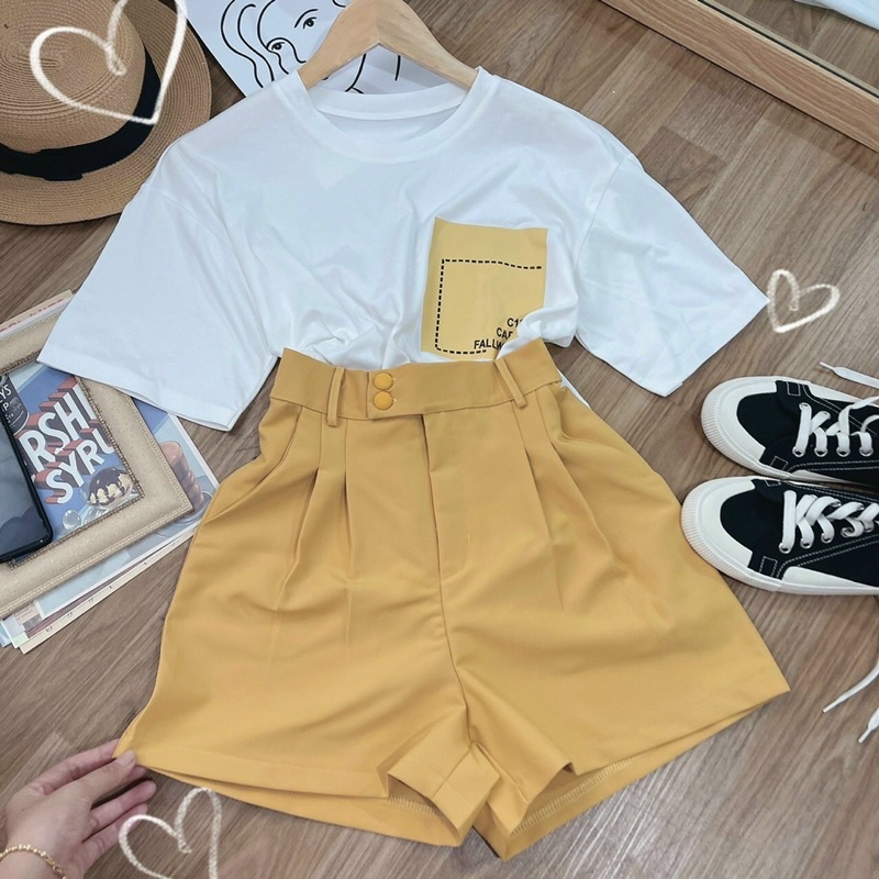 SET ÁO THUN TAY NGẮN CỔ TRÒN CÙNG QUẦN SHORT ĐÙI NÚT BỌC LƯNG CAO