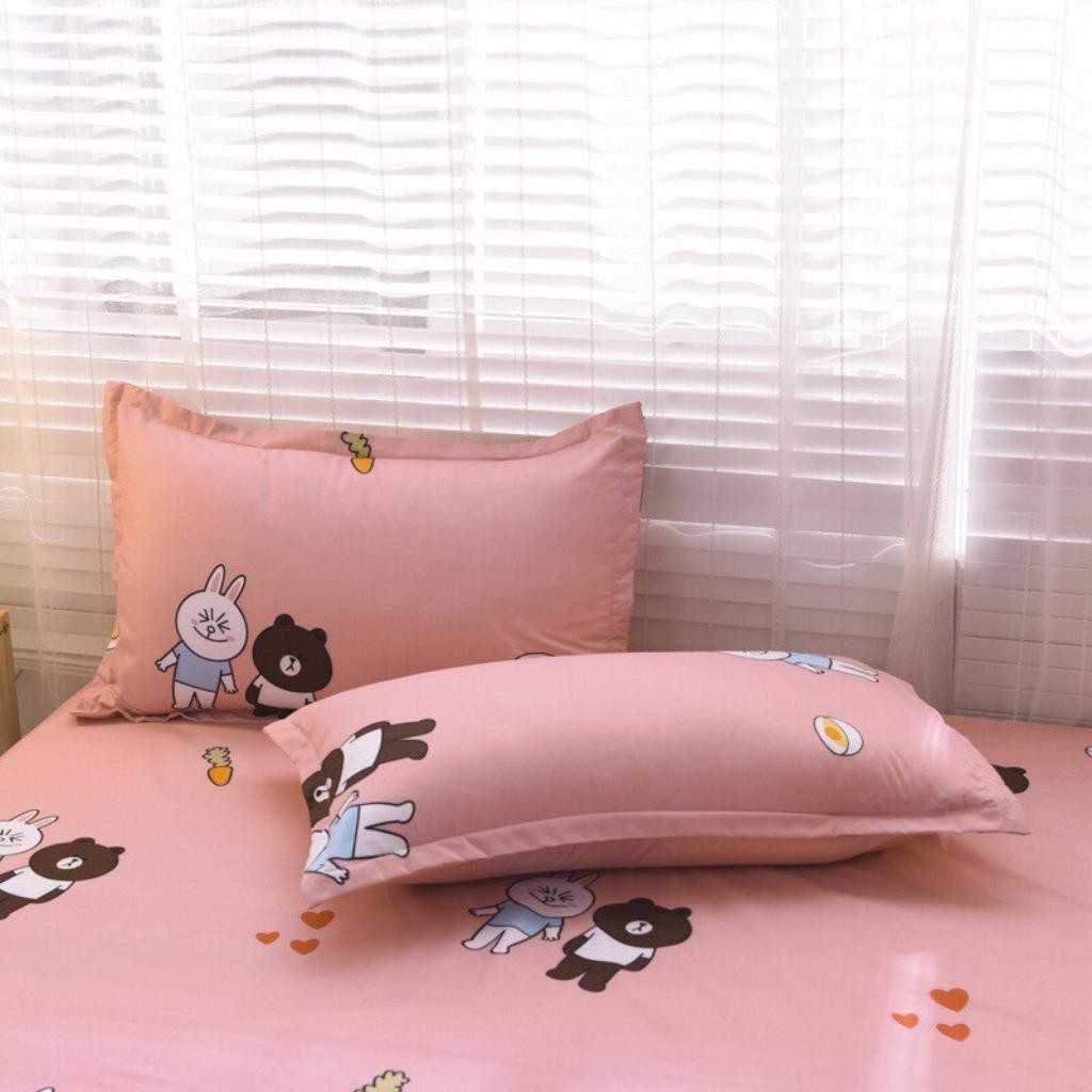 Bộ chăn ga gối drap giường chất cotton poly họa tiết gấu nâu và thỏ trắng