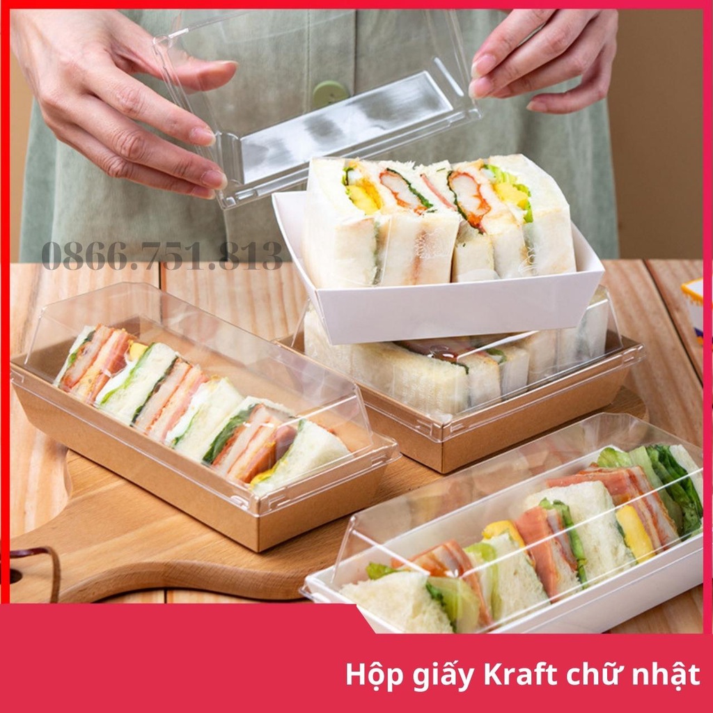 Hộp giấy Kraft chữ nhật màu da bò nắp trong đựng bánh/thức ăn (set 10)
