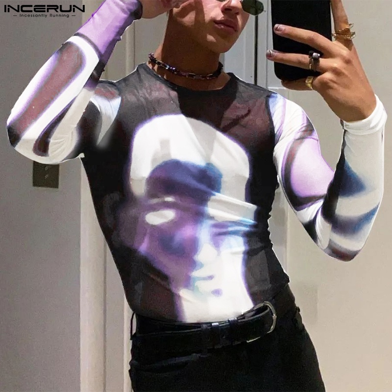 Áo thun INCERUN tay dài xuyên thấu thời trang cho nam