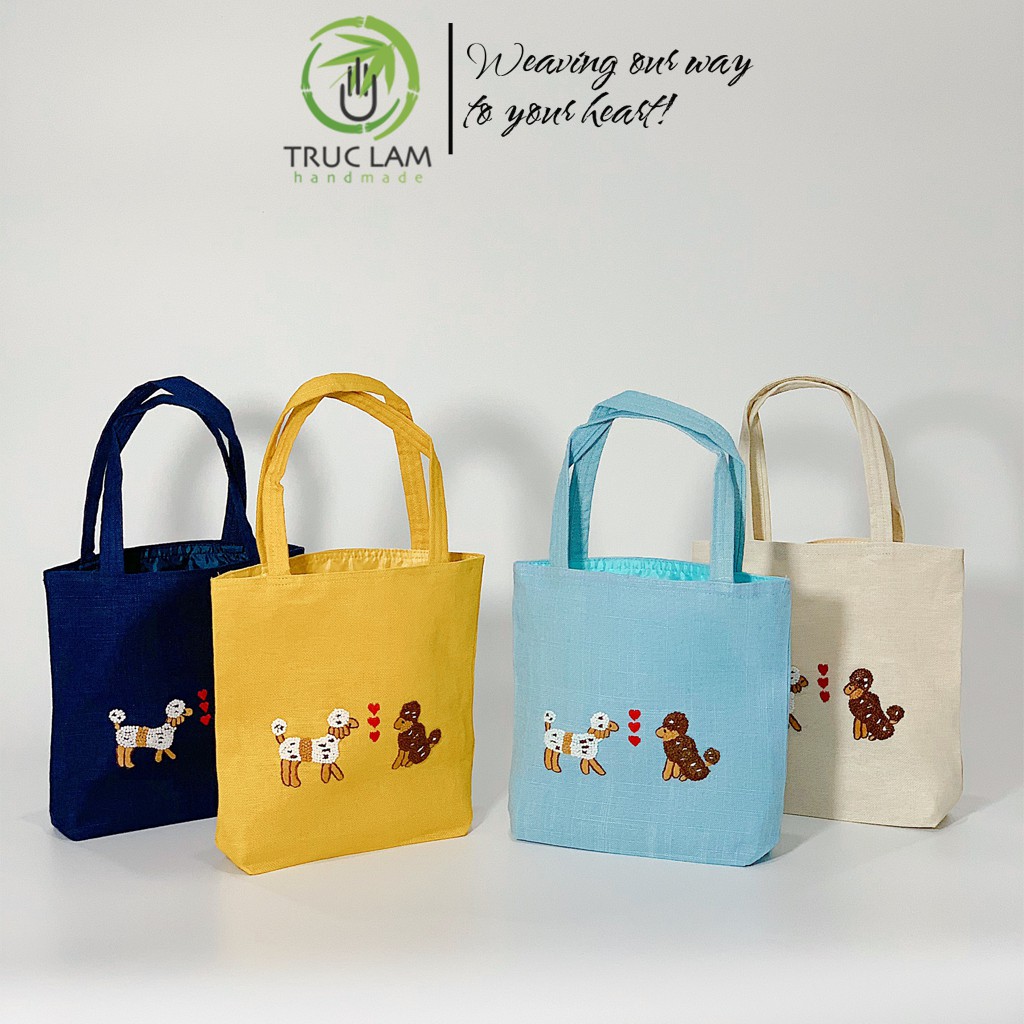 Túi Xách Vải Linen Thêu Tay Họa Tiết Hai Chú Chó (A) - Trúc Lâm Handmade