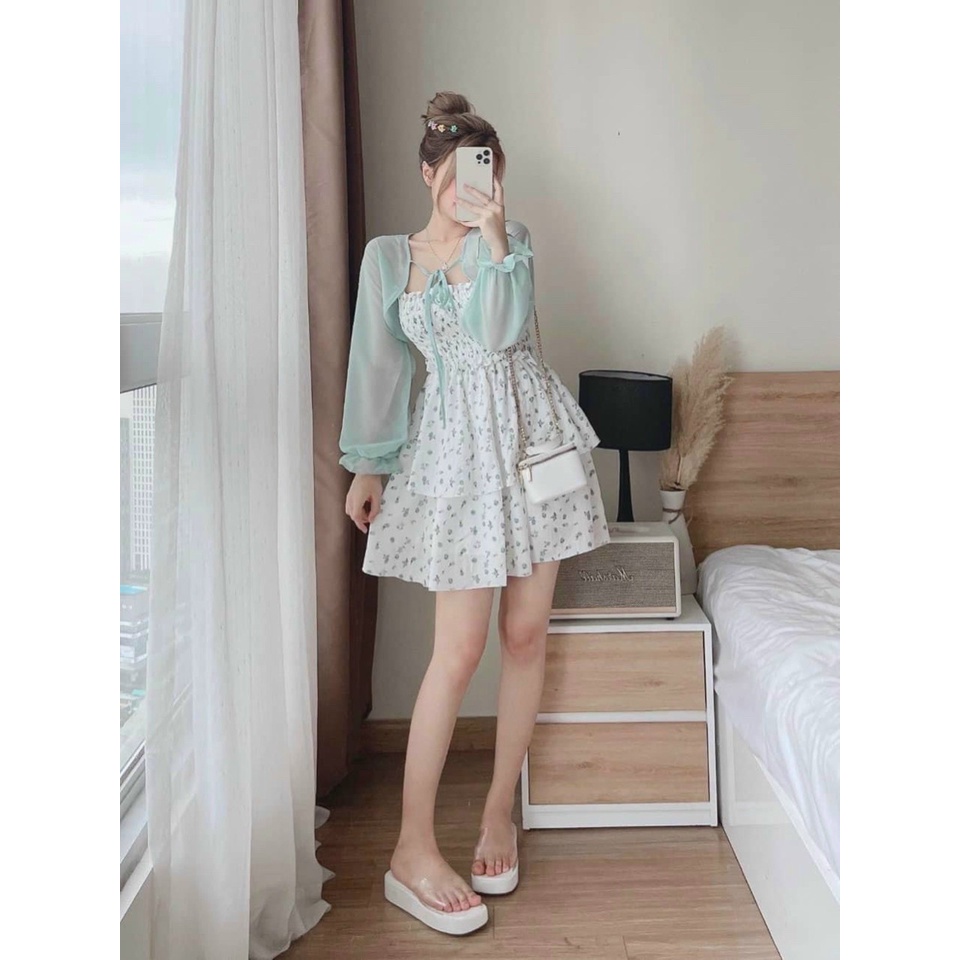 Sét 2 món áo khoác voan tay dài cột nơ kèm đầm hai dây bèo tầng họa tiết hoa cực xinh
