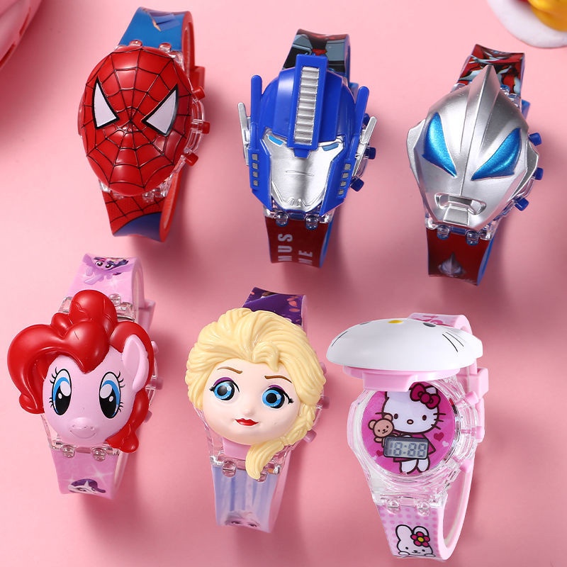 đồng hồ bé trai đồng hồ cho bé gái Đồng Hồ Chiếu Đèn Chiếu Hình Siêu Anh Hùng Ultraman Người Nhện Iron Man Elsa Princess Nắp Lật Có Đèn Chiếu Cho Trẻ Em