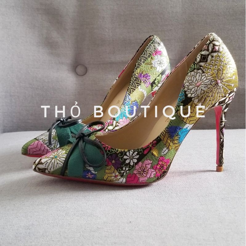 Giày cao gót Lou.bou.tin xuất xịn gấm lụa hoạ tiết hoa Nhật Bản 9cm size 37-38