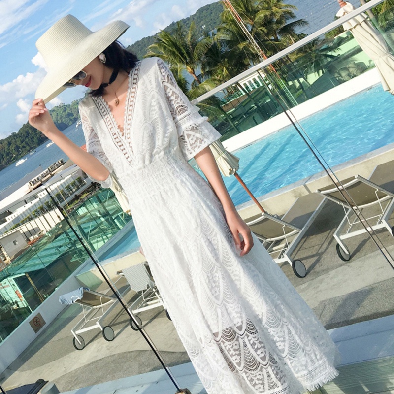 IELGY Đầm Ren Mỏng Tay Ngắn Cổ Chữ V Màu Trơn Thời Trang Dành Cho Nữ