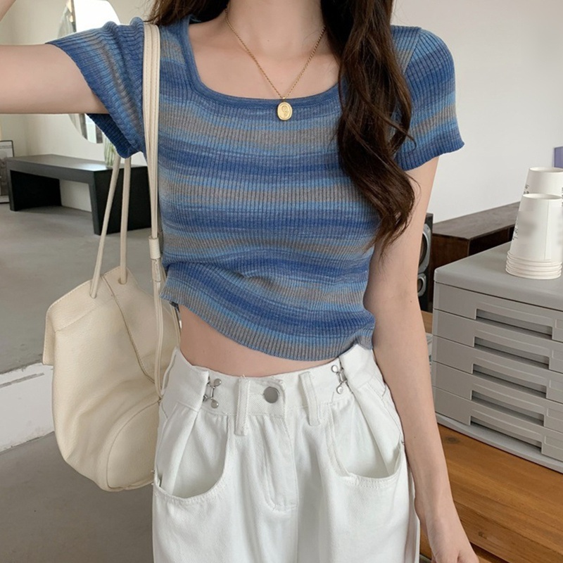 Áo Thun Dệt Kim Ngắn Tay Cổ Vuông Họa Tiết Sọc Màu Tương Phản Thời Trang Mùa Hè Cho Nữ