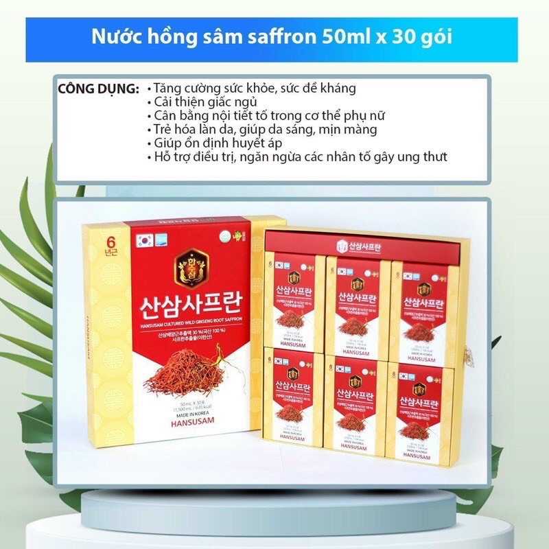 [ QUÀ TẶNG] Nước Hồng Sâm Nhụy Hoa Nghệ Tây Korean Red Ginseng Saffron HANSUSAM Hàn Quốc, hộp 30 gói x 50ml