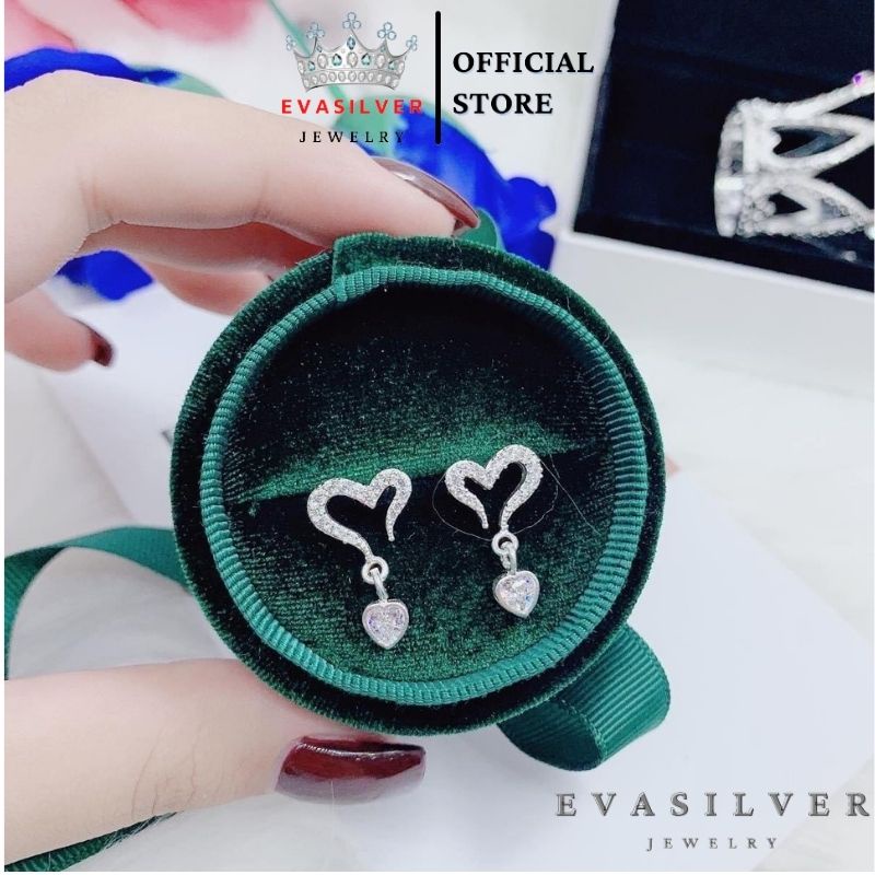 Khuyên tai bạc nữ cao cấp hình trái tim đính đá Evasilver, chất liệu bạc ta sang trọng nữ tính