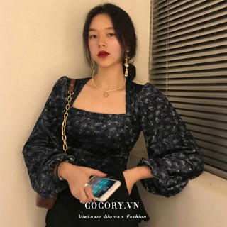 Cocorygirl Áo Cổ Vuông Tay Phồng Phong Cách Retro Thanh Lịch Dành Cho Nữ