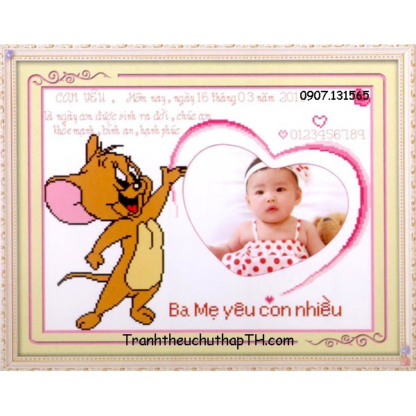 Tranh thêu chữ thập khung hình cho bé theo 12 con giáp size 54*39cm