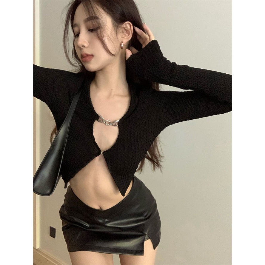 [MURIOKI] Áo Khoác Cardigan Ngắn Dệt Kim Tay Dài Màu Đen Có Khóa Cài Thời Trang Hàn Quốc 2022 Cho Nữ
