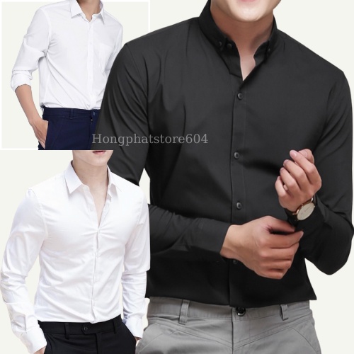 (55-80kg)Áo sơ mi nam màu trắng, màuđen dài tay cổ bẻ dáng cao cấp mịn mát