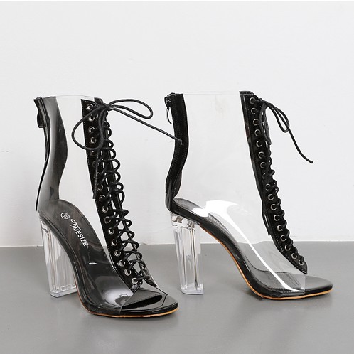 Giày boot nữ trong suốt cột dây THỜI THƯỢNG màu đen GBN3901