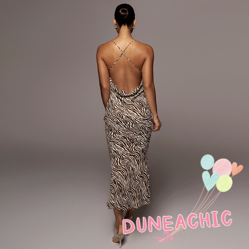 DUNEA Đầm Hai Dây Hở Lưng In Họa Tiết Ngựa Vằn Gợi Cảm Cho Nữ