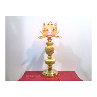 Đèn thờ Hoa Sen thân sứ mầu vàng, chân thép mạ đồng vàng, bông mầu vàng, cao 47 cm. Giá 1 đôi. Mẫu số 02/8-12