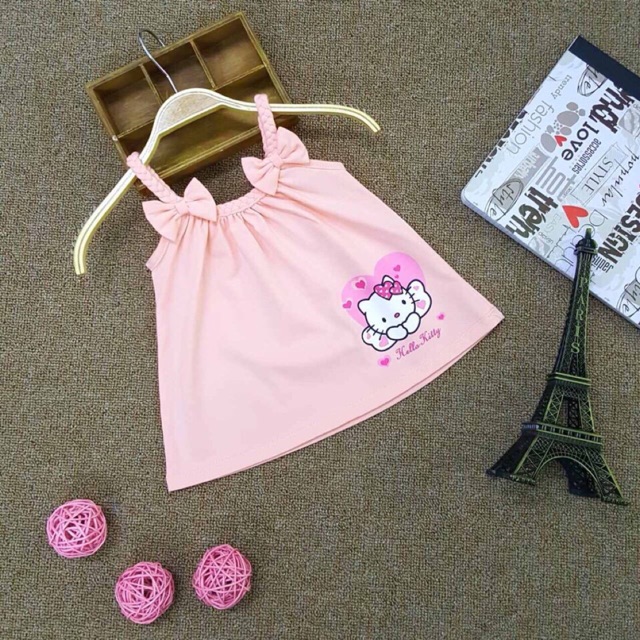 Bán sỉ - Ri 8 áo 2 dây bé gái hình kitty nơ - size 1-8 -Màu hồng cam
