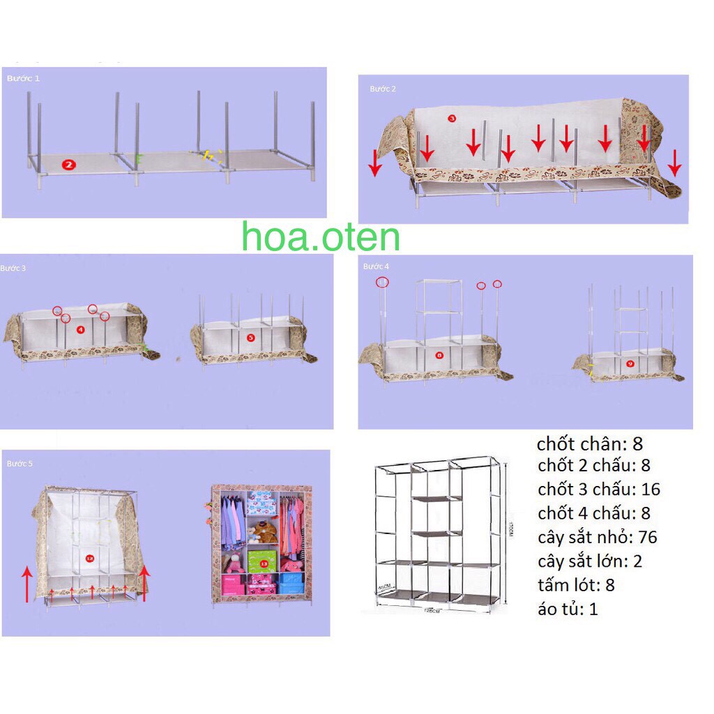 [Loại Tốt] Tủ Vải Đựng Quần Áo 3 Buồng 8 Ngăn Cao Cấp