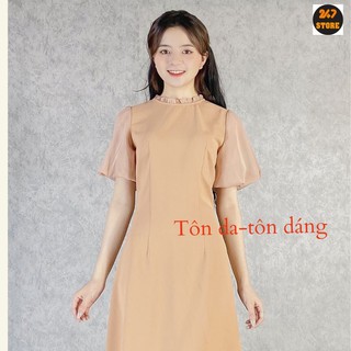 Đầm công sở chữ A cổ tròn tay bồng 247STORE