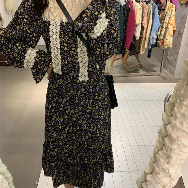 Đầm Hoa Phối Ren Thời Trang Thu Đông Cho Nữ