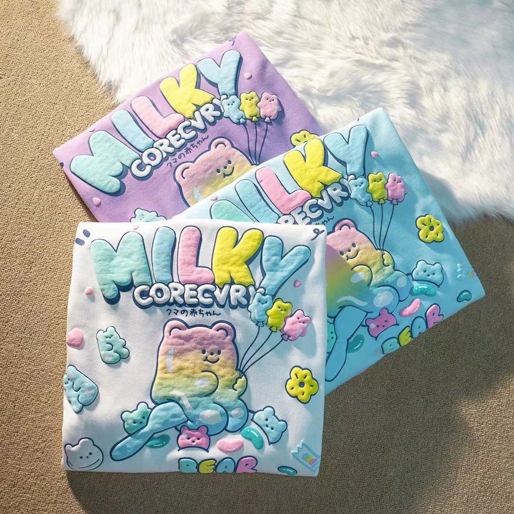 Áo Thun Tay Dài Dáng Rộng Cổ Tròn In Họa Tiết Chú Gấu Dễ Thương Cho Bé Trai Và Gái