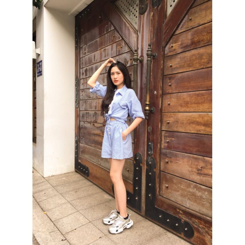 Bộ sọc caro ngắn đi biển, set short năng động, bộ sọc ngắn xinh xắn hack dáng, set sọc caro giá rẻ