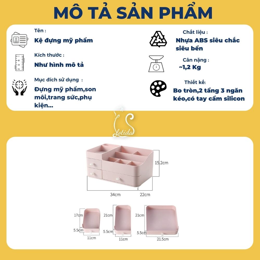 Kệ đựng mĩ phẩm son đồ trang điểm phụ kiện để bàn có ngăn kéo tiện dụng, khay giá nhựa đa năng dễ thương LOTIDA
