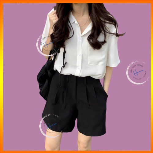 Áo Sơ Mi Nữ Ngắn Tay Form Oversize Chất Cotton Mềm Mát Có Túi Hanva
