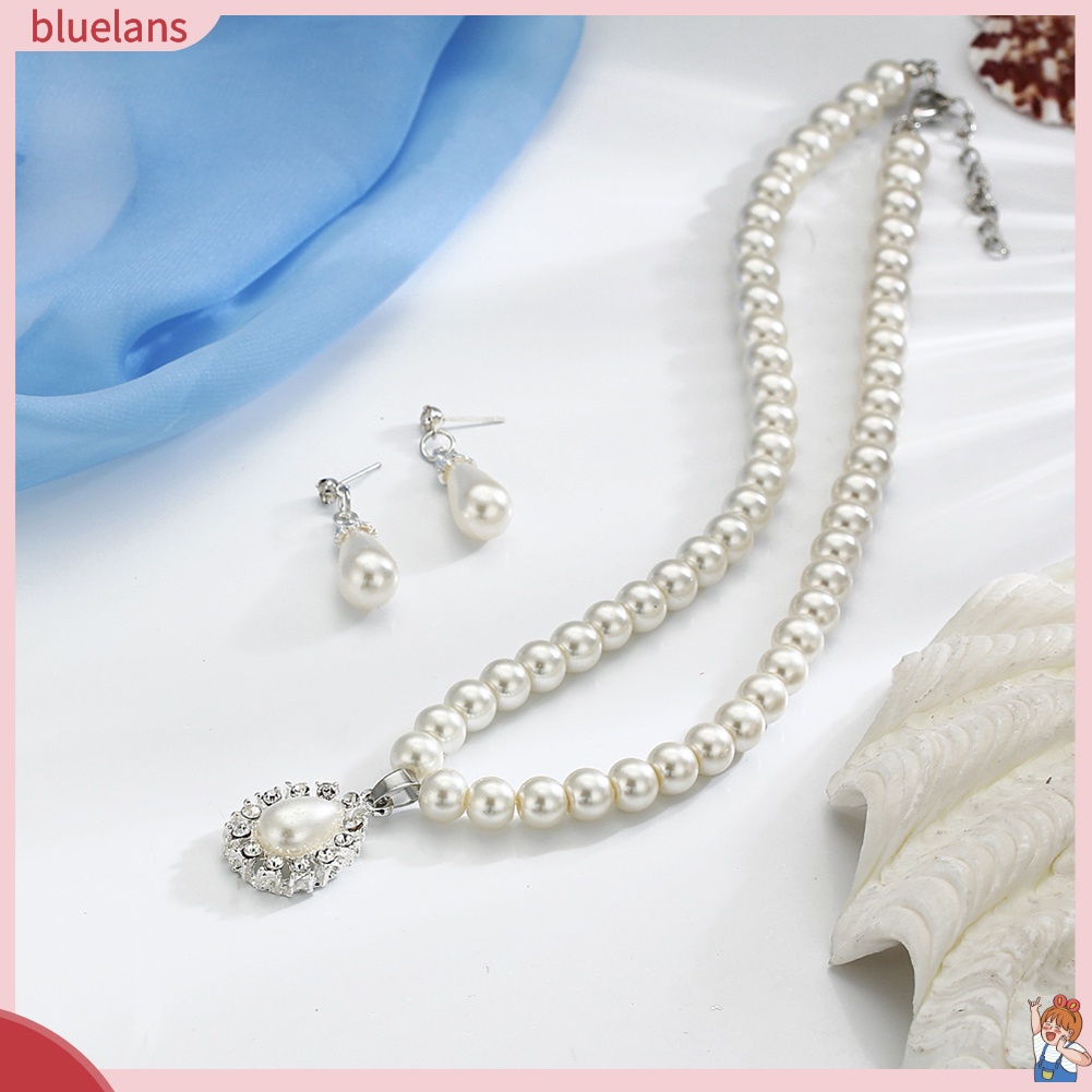 Bộ Vòng cổ + Bông Tai Đính Đá &amp; Ngọc Trai Nhân Tạo Hình Giọt Nước BLUE2