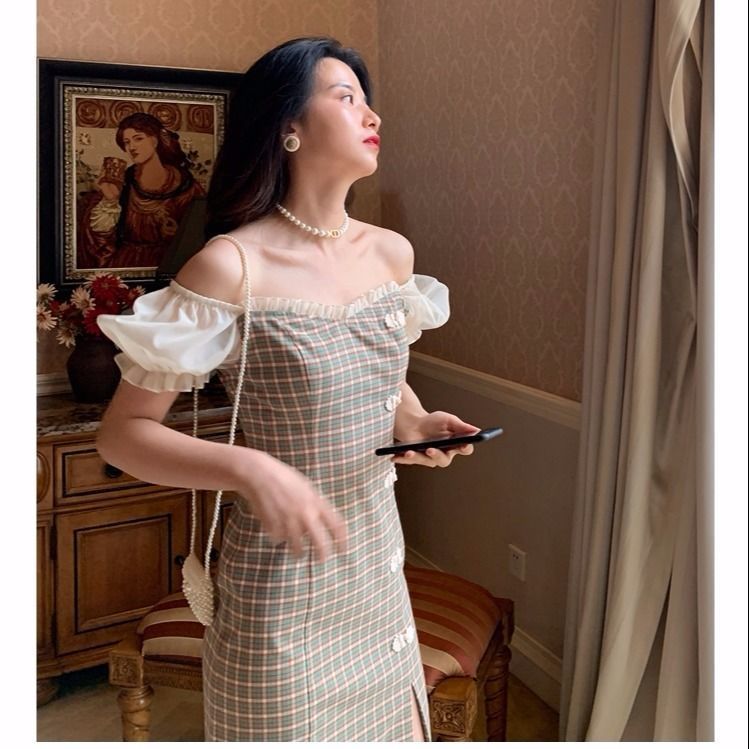 New Snapping up&Retro Slit Skirt Summer New Improved National Style Plaid Cheongsam Tight Waist Straight Mid-Length Dress | BigBuy360 - bigbuy360.vn