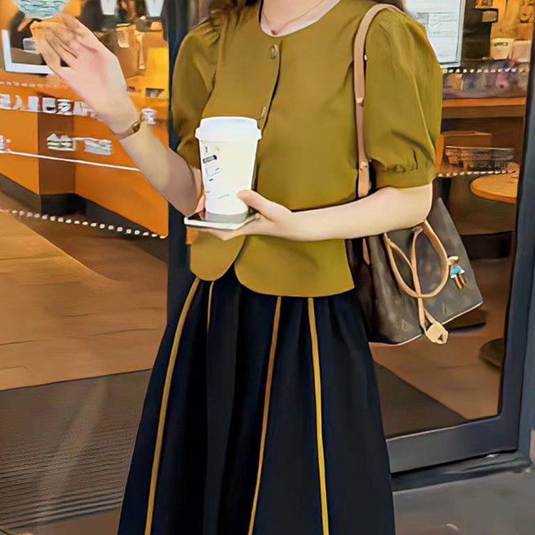AMOI Bộ Áo Tay Phồng Ngắn + Chân Váy Phong Cách Pháp Thời Trang 2022 Cho Nữ