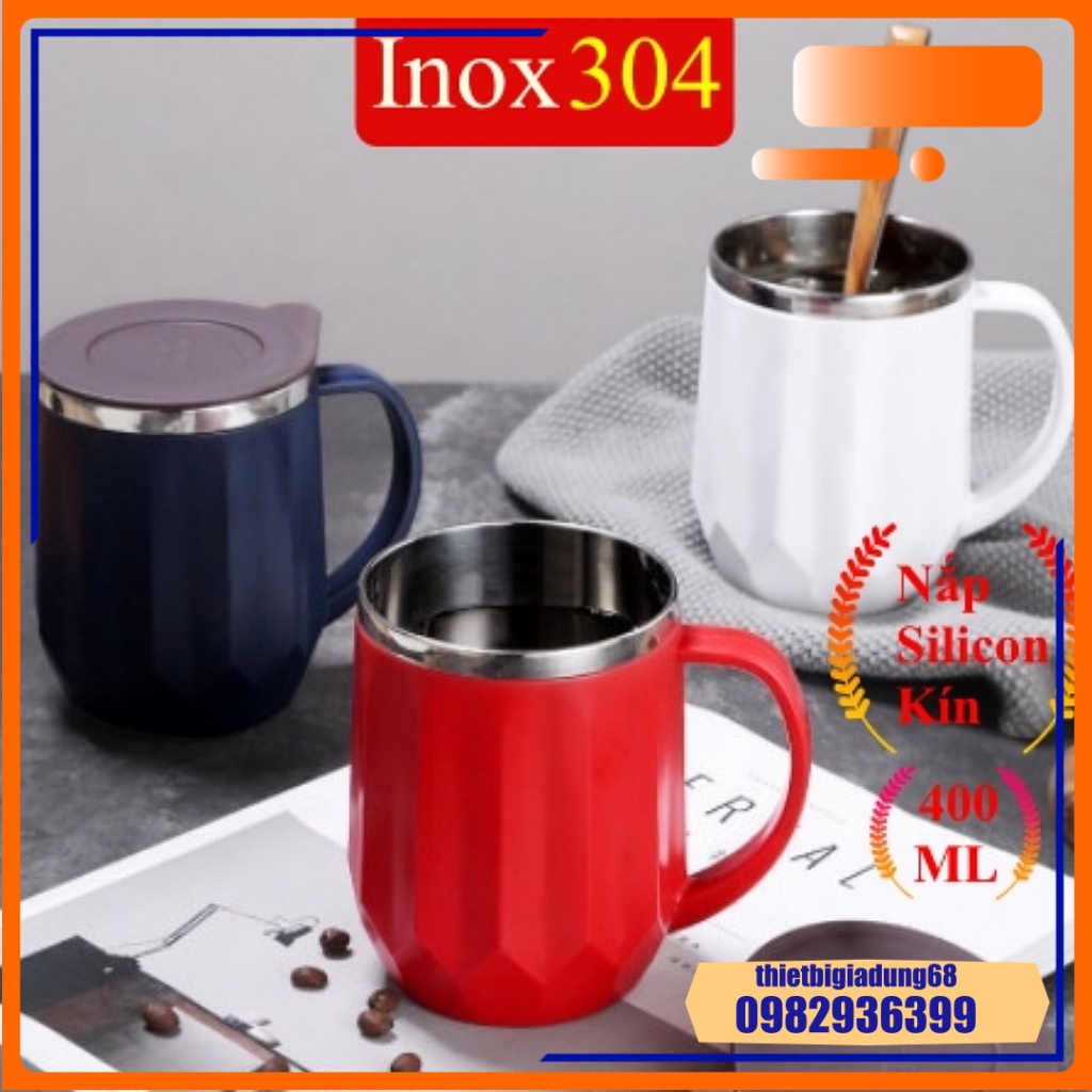Cốc Giữ Nhiệt Inox 304 Dung Tích 400ml Nắp Silicon Kín Chống Tràn Có Quai Cầm Tiện Lợi, Nhiều Màu Sắc, Cốc Ủ Cháo Có Nắp