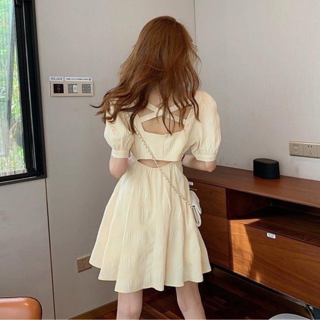 Đầm tay bồng khoét lưng đan dây hai lớp m107