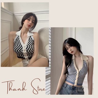 Áo sát nách croptop cổ bẻ sọc cực hot