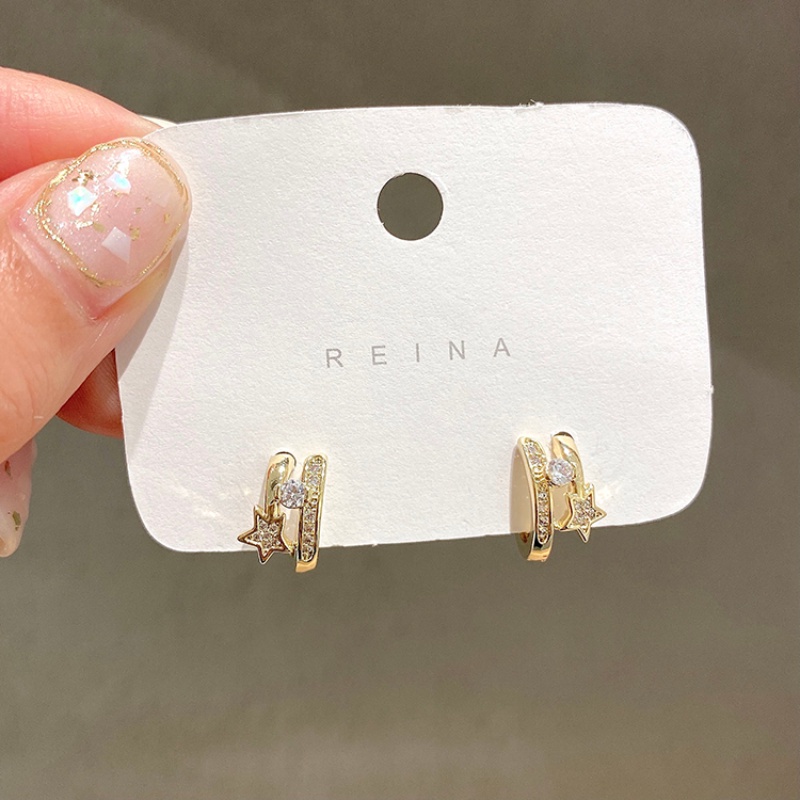 Bông Tai Hai Hàng Chữ C Đính Ngôi Sao Năm Cánh Thời Trang Hàn Quốc Cho Nữ