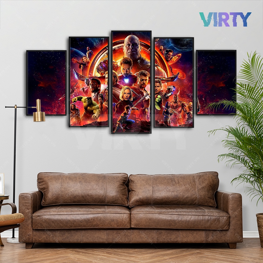 Bộ 5 Tranh treo tường phim MARVEL kèm khung composite VIRTY Tranh Canvas decor phòng ngủ, phòng làm việc