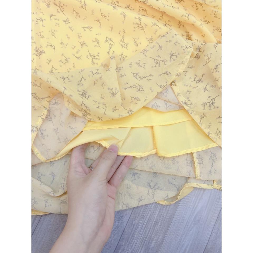Đầm maxi, váy hoa nhí, váy hoa voan tơ vàng phong cách hàn quốc