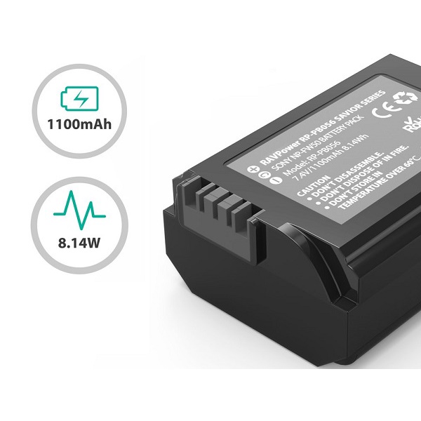Pin RAVPower FW-50 cho Sony NEX 3/5/7, SLT-A, DSC-RX10, Alpha A6000, A6300, A6400, A6500, A7, A7 II, A7R, A7R II, A7S, A