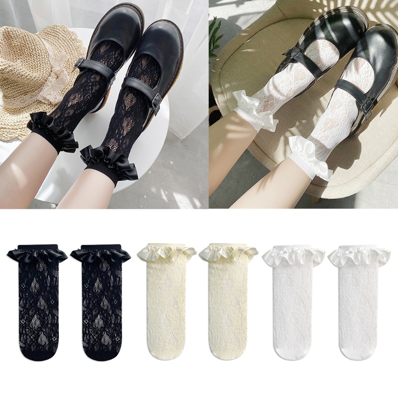 Youyo Tất Lưới Satin Phối Ren Rỗng Kiểu Công Chúa Phong Cách Harajuku Nhật Bản Cho Nữ