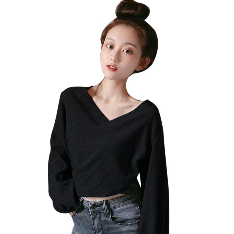 Áo tay dài cổ chữ v màu trơn thời trang nữ sành điệu